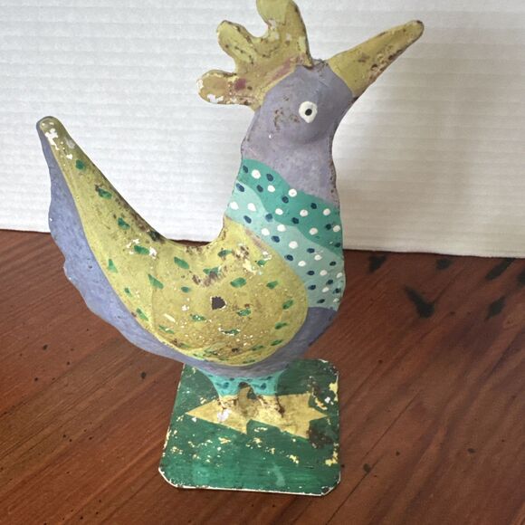 Primitive Metal Chicken Folk Art Purple Yellow Green 7 Inches - Picture 2 of 11